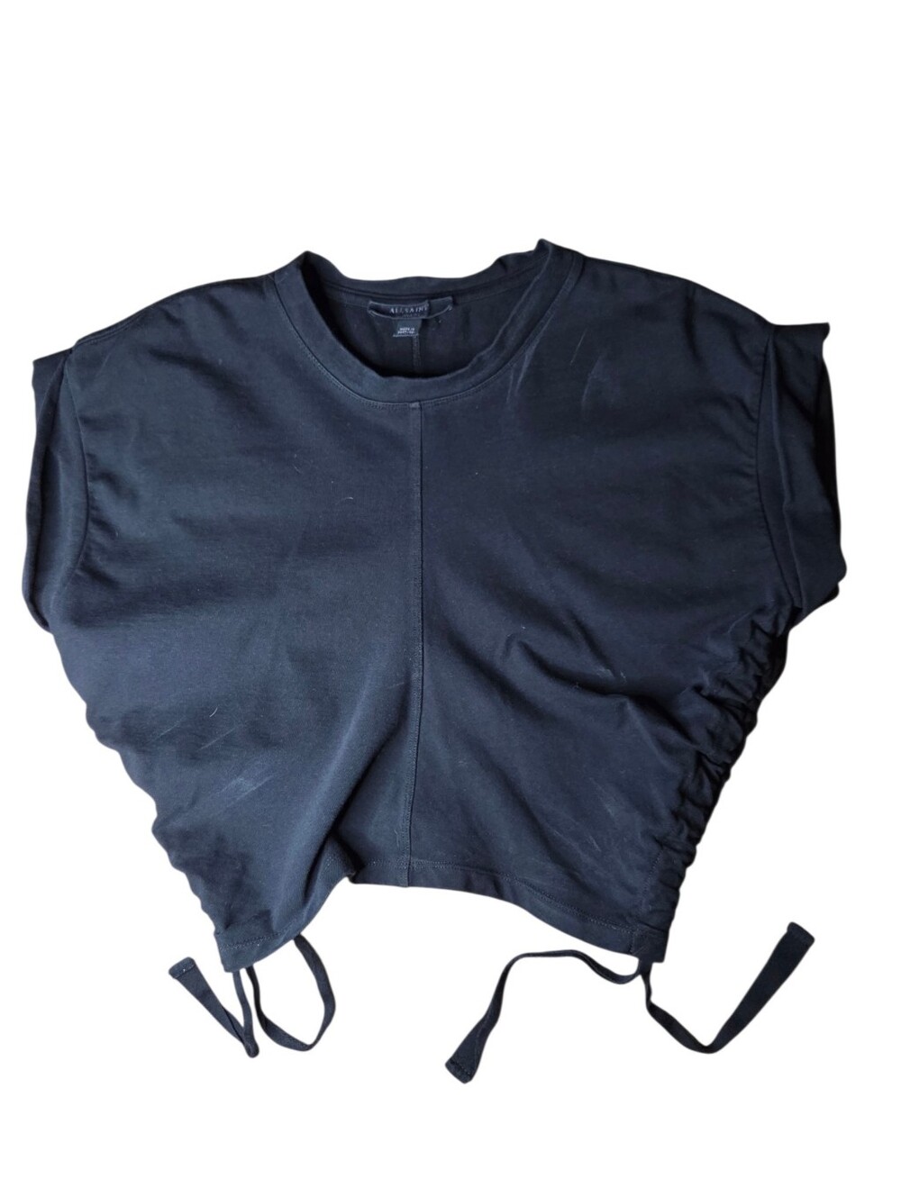 All Saints Shirt Womens Medium Black Mira Tee Cropped Side Tie Ruched Classic